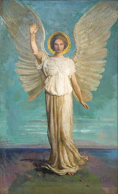 An angel stands with her right arm stretched upwards to the sky as she gazes towards the viewer.