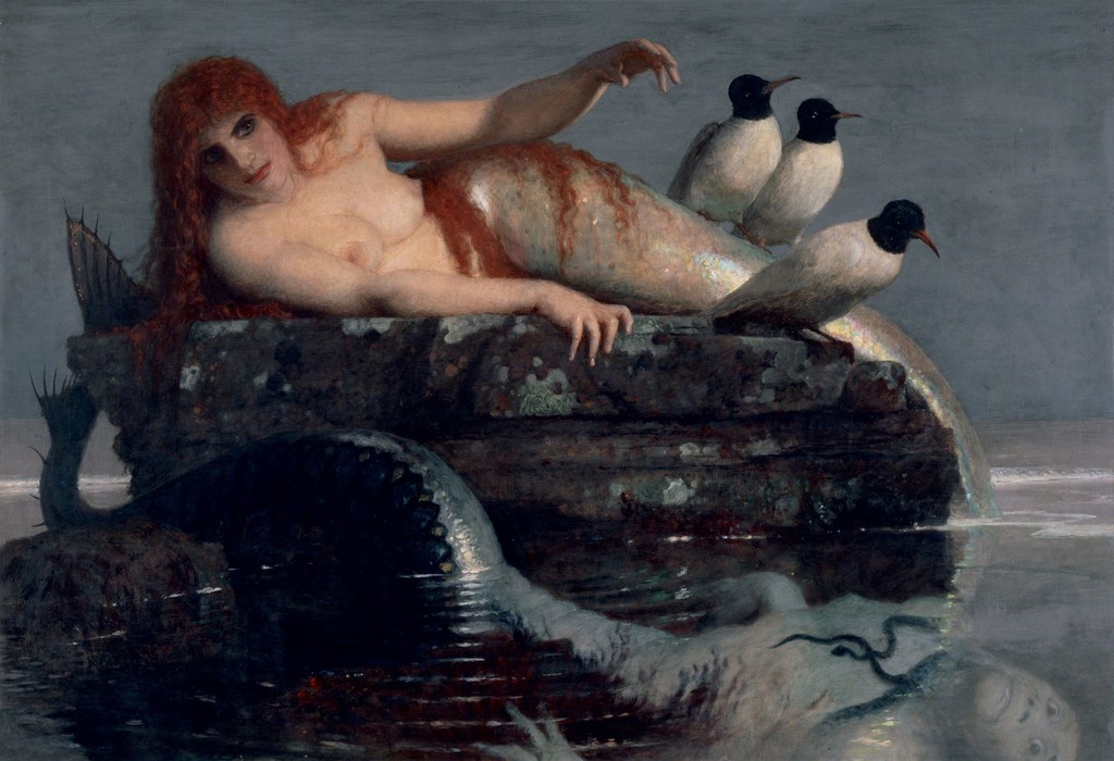 A mermaid laying on a rocky surface surrounded by sea creatures in the ocean with three seagulls perched by her tail