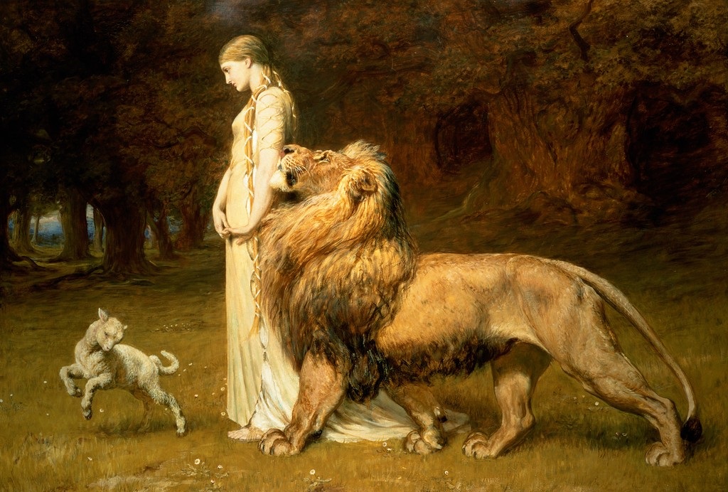 A woman looks down towards a young lamb and stands next to a lion who rests on her arm.