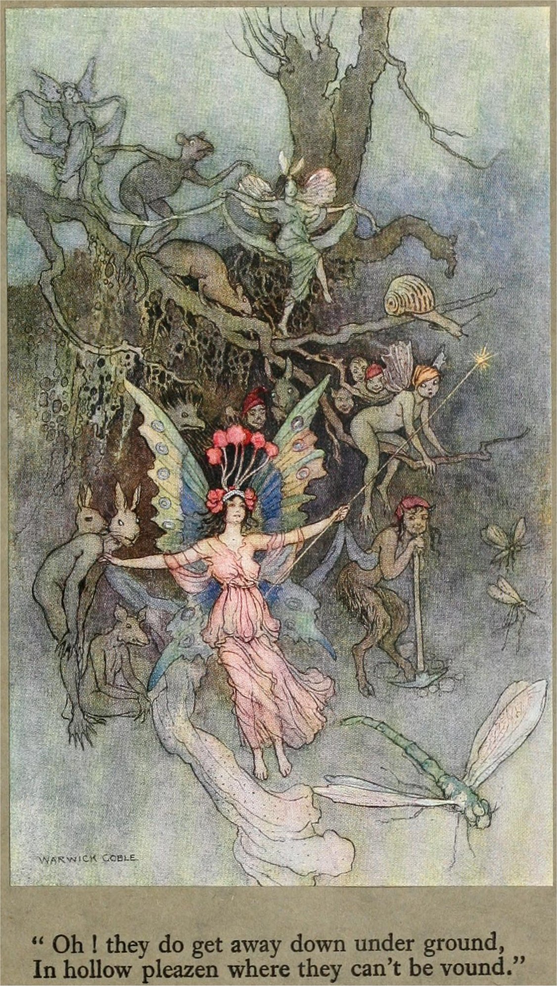 A fairy extends her arms and is surrounded by creatures next to a tree.