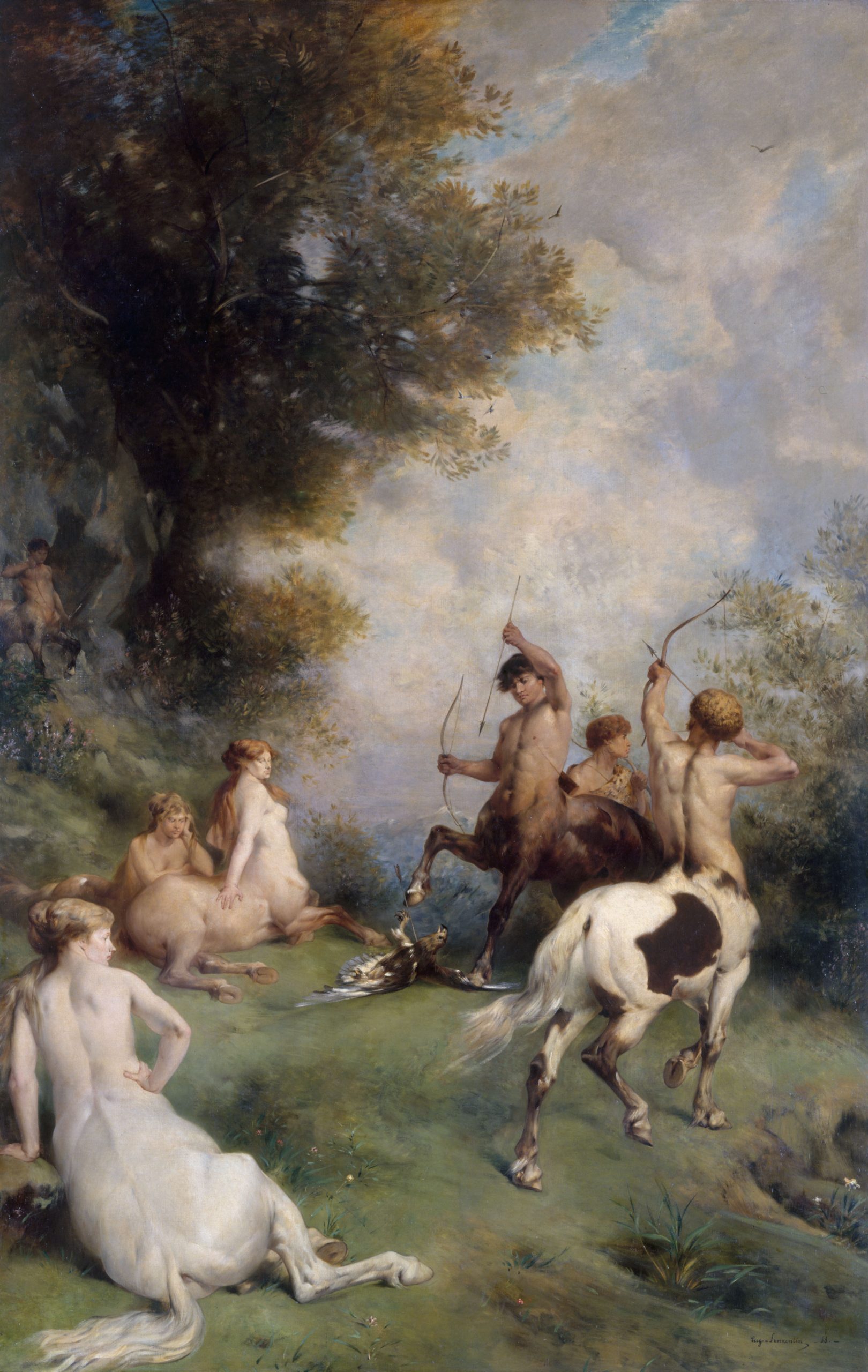 A group of centaurs leisurely relax together next to a tree while pointing arrows towards a creature on the ground.