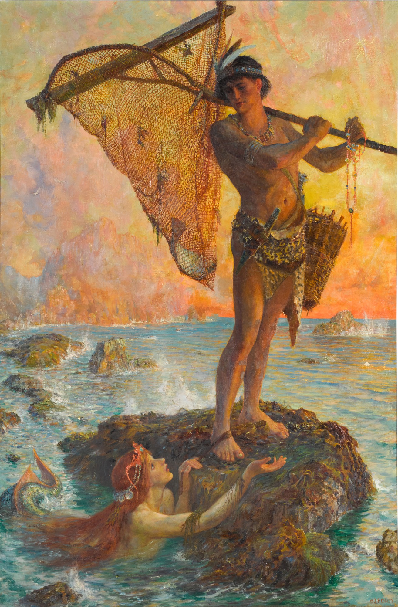 A man with a fishing net standing on a rock in the ocean while looking over his shoulder where a mermaid approaches him in the waters below