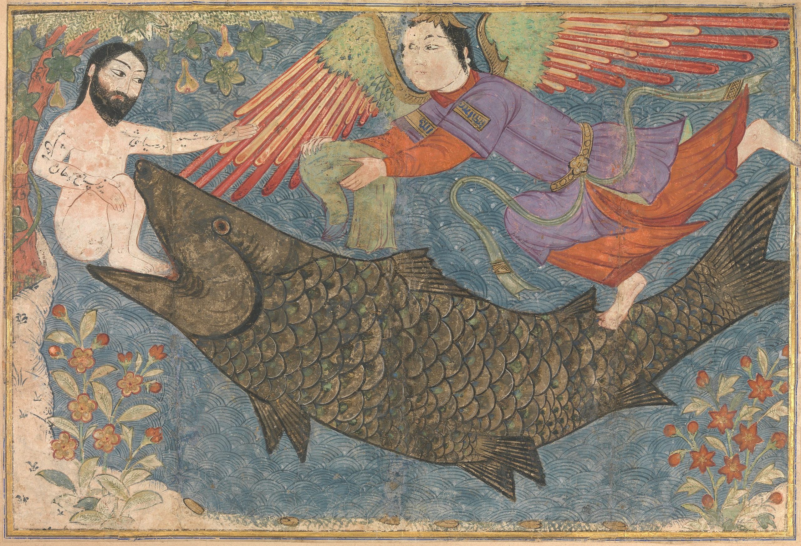 A nude man sitting at the tip of a fish's mouth while extending an arm out towards an angel with colourful wings offering him a garment