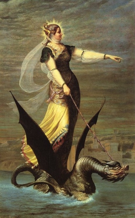 A woman stands on a dragon in the water as she points onwards.
