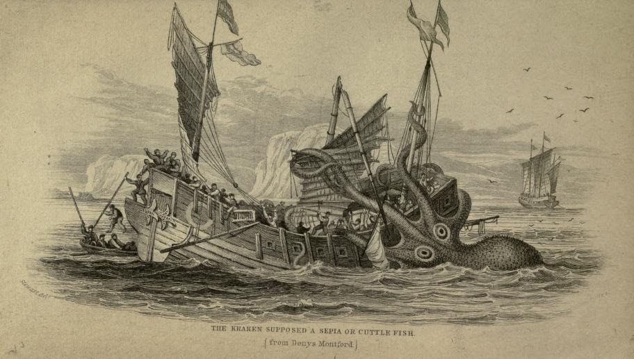 A water creature with large tentacles begins to capsize a ship in the middle of the ocean.