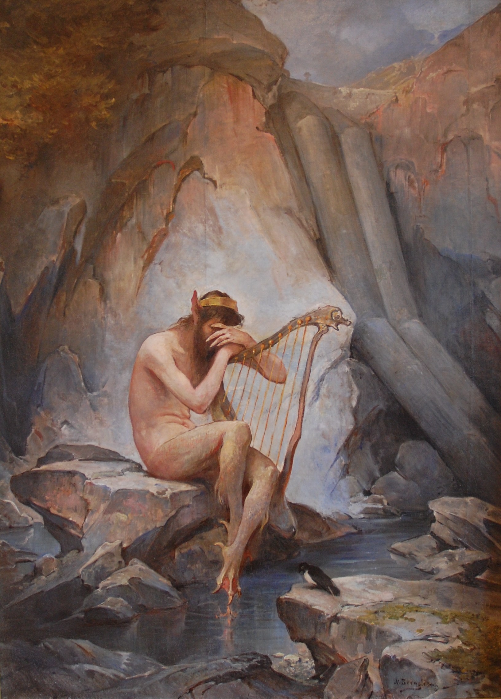 A male water spirit sitting by a river while resting his hands on a harp, covering his face