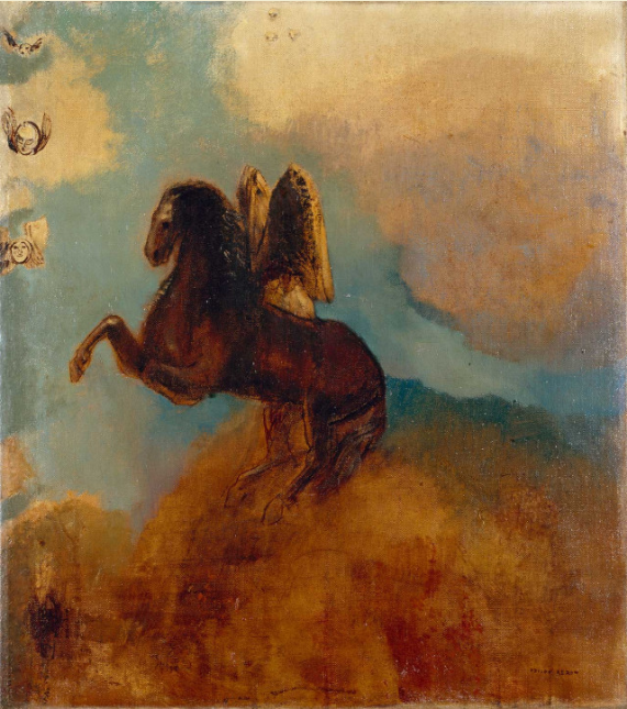 An abstract image of a winged horse who prepares to fly in the clouds.