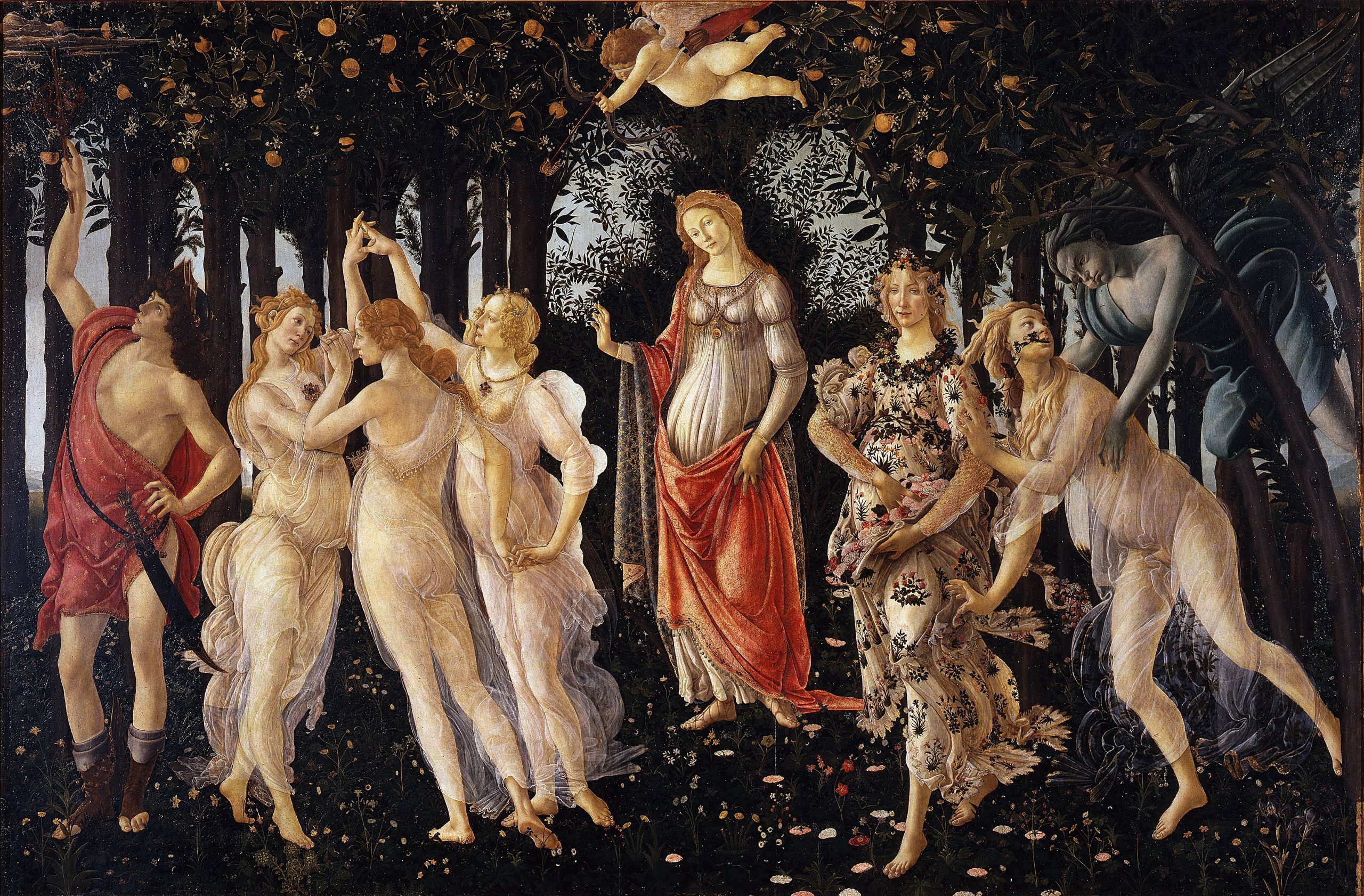 Nine figures from classical mythology engaging in various activities in a forest