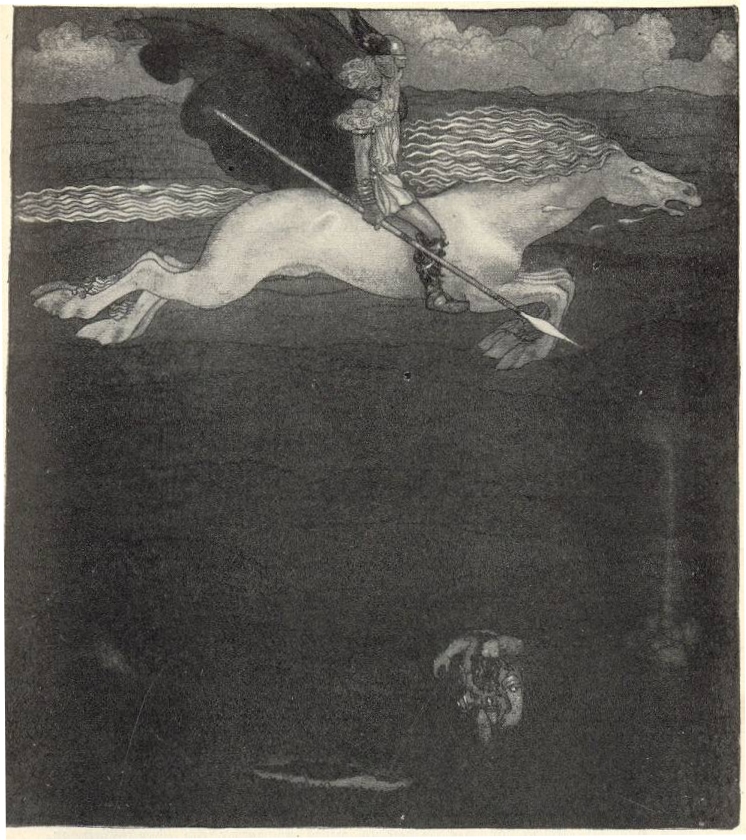 A knight carrying a sword sits on a flying horse as they travel through water.