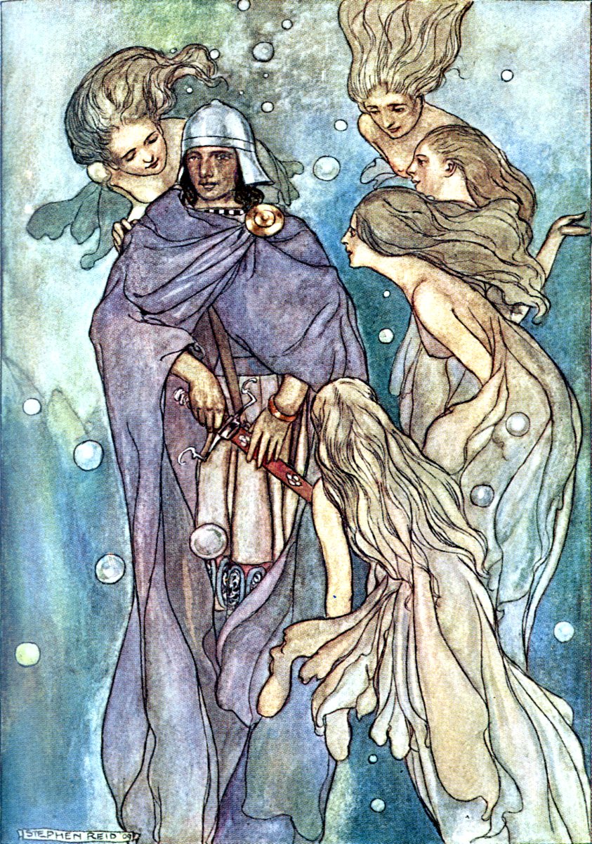 Several mermaids underwater surround a knight.