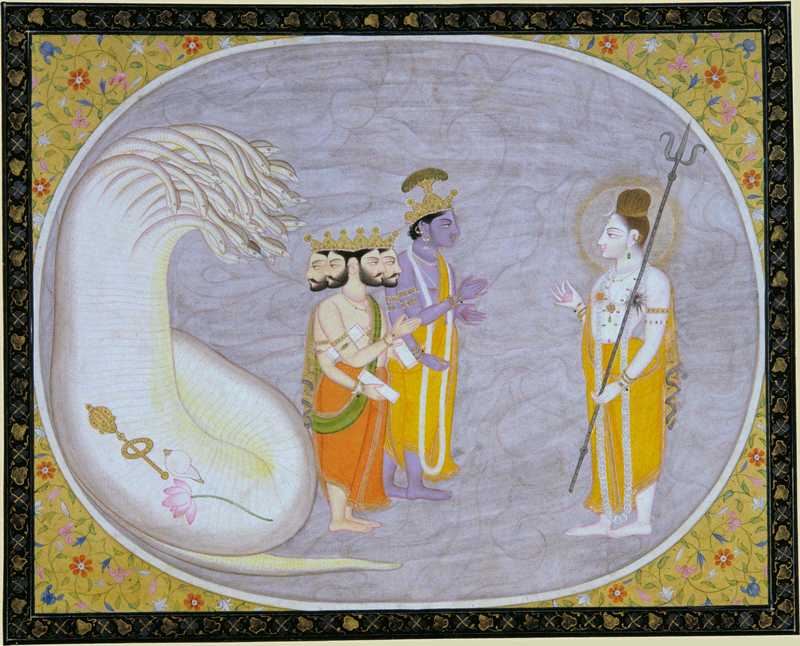 Three mythological figures facing a deity