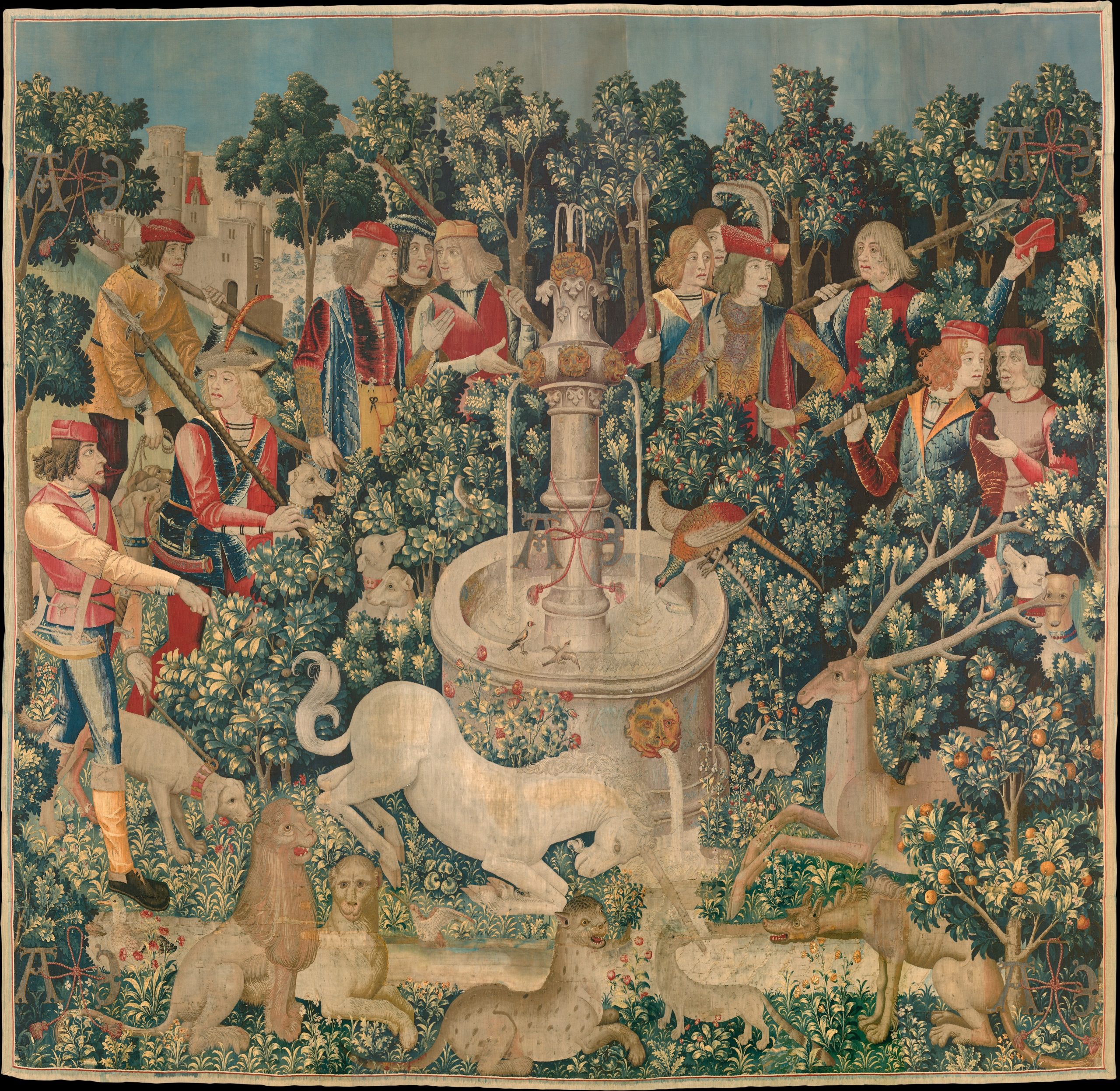 A group of armed men surround a fountain which flourishes with plants and unicorns surrounding it.