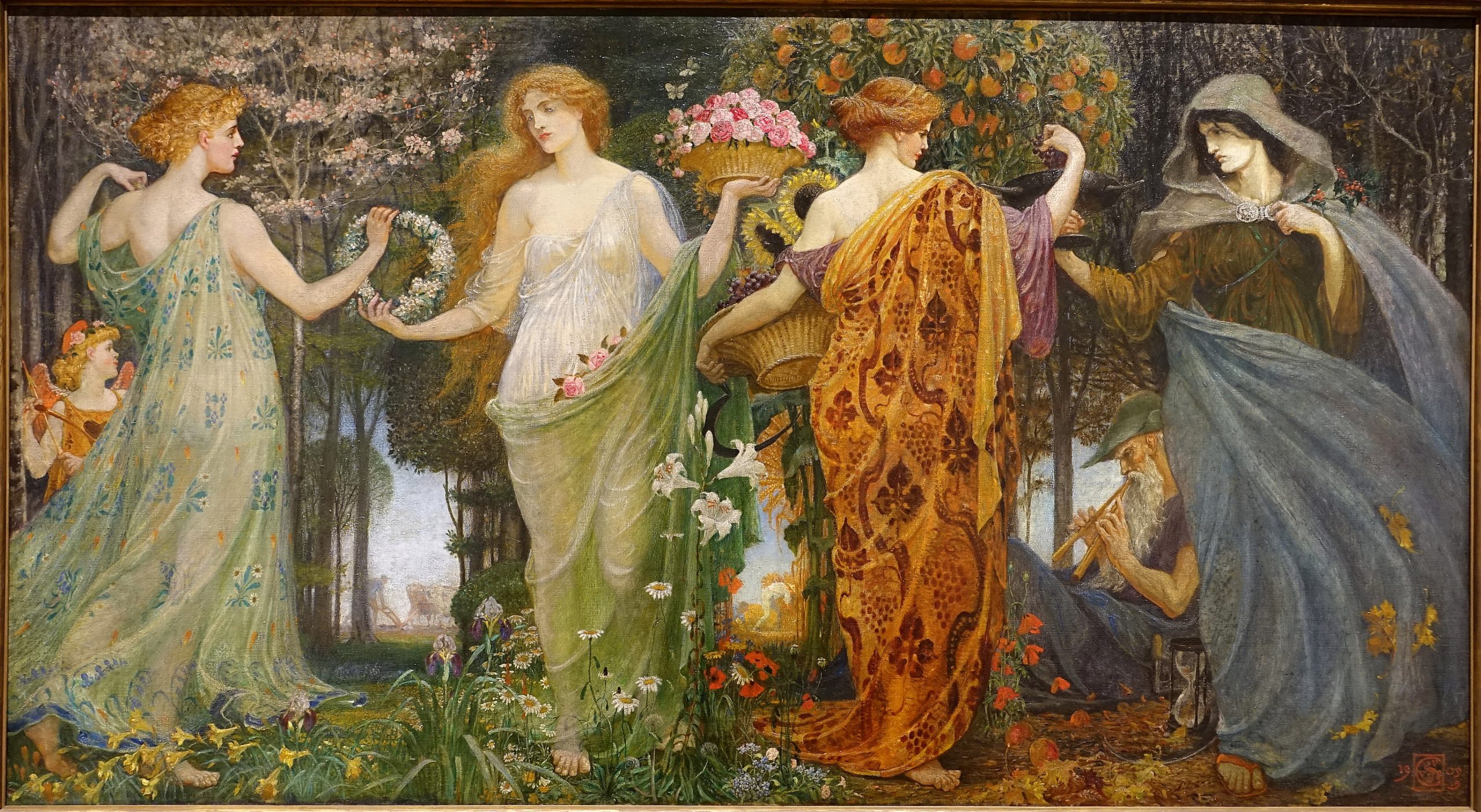 Four women personifying the seasons pass flowers over to one another by a group of trees