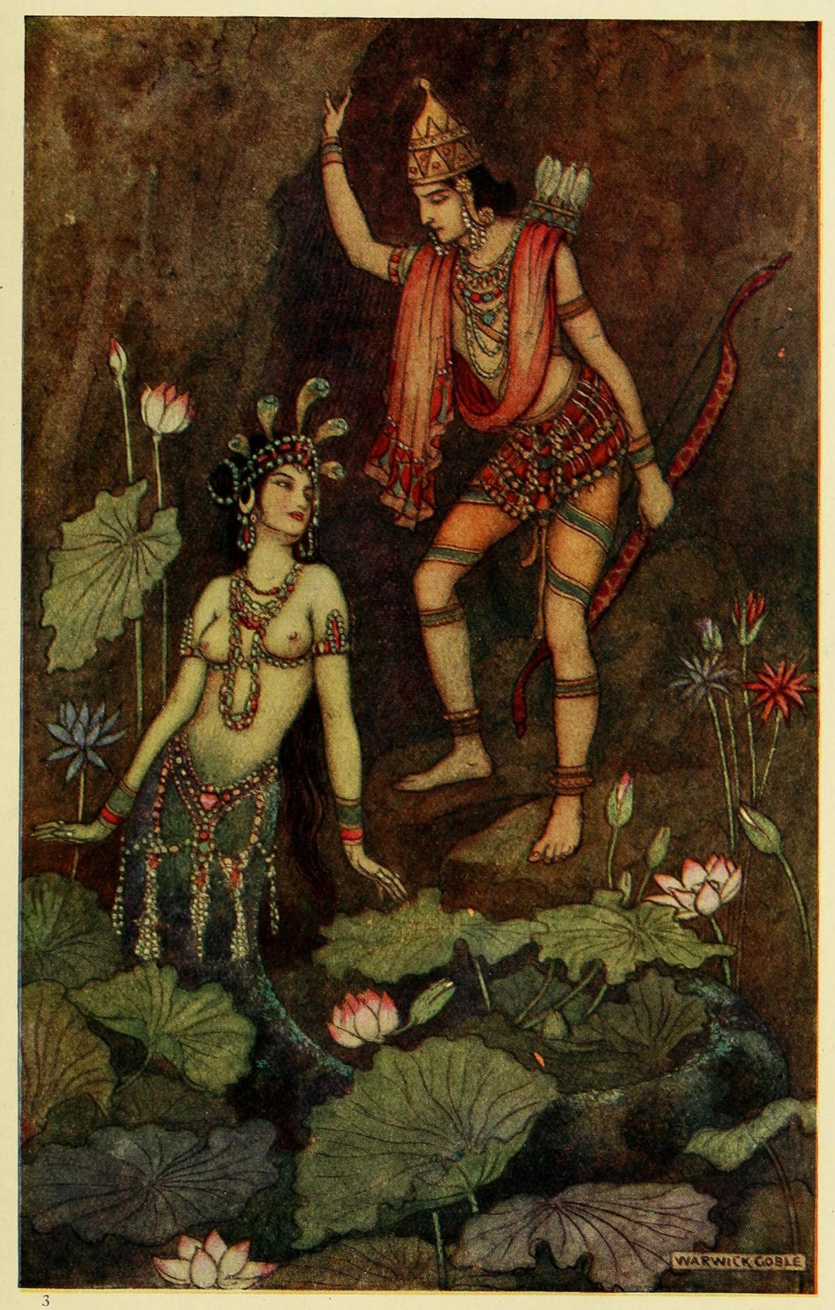 Two figures posing at a rocky crevice surrounded by lush plants and flowers