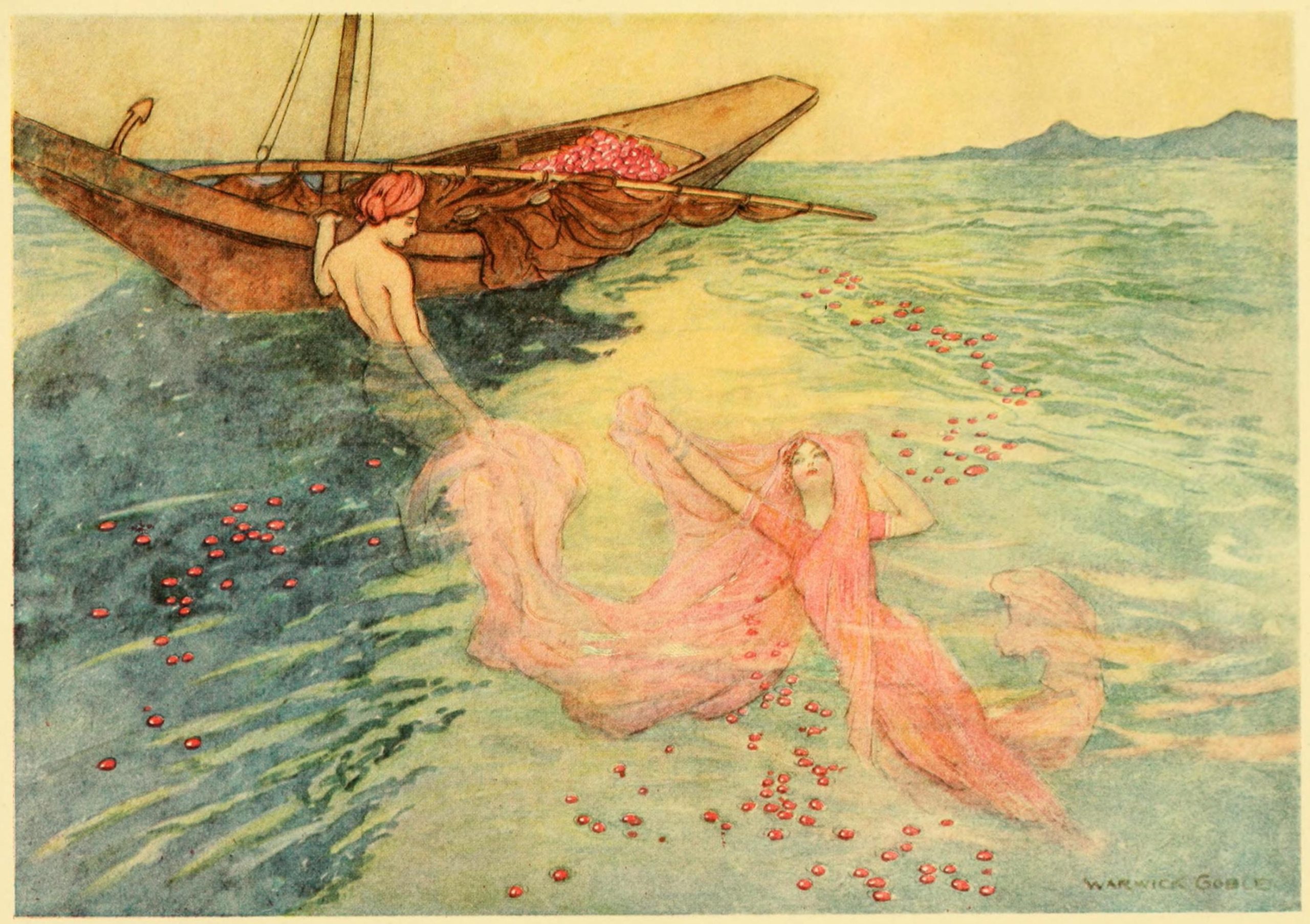 A figure floating in the ocean clings onto a boat with one hand and with the other, the headscarf of a woman underwater