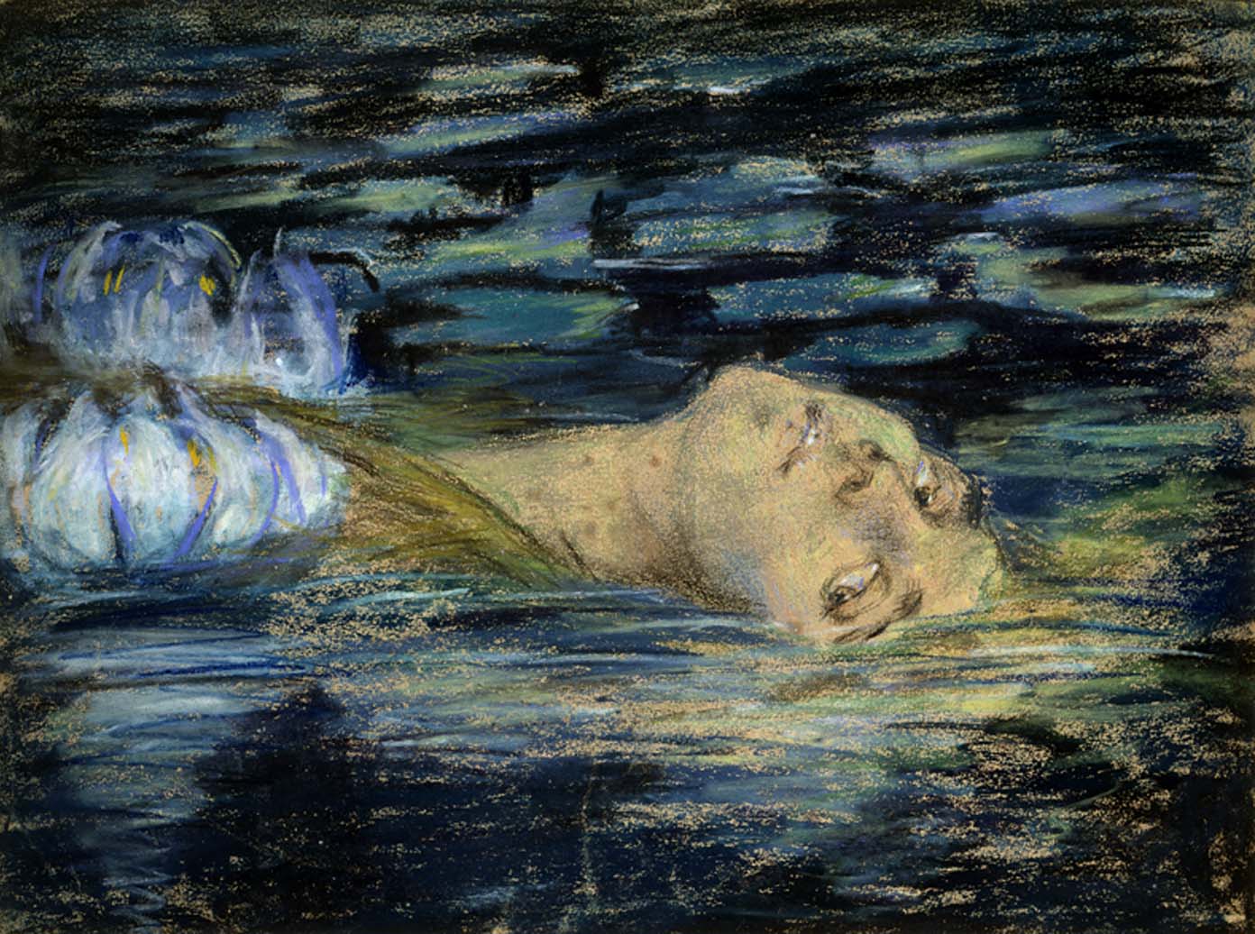 A woman gazes at the viewer while she floats on her back in water.