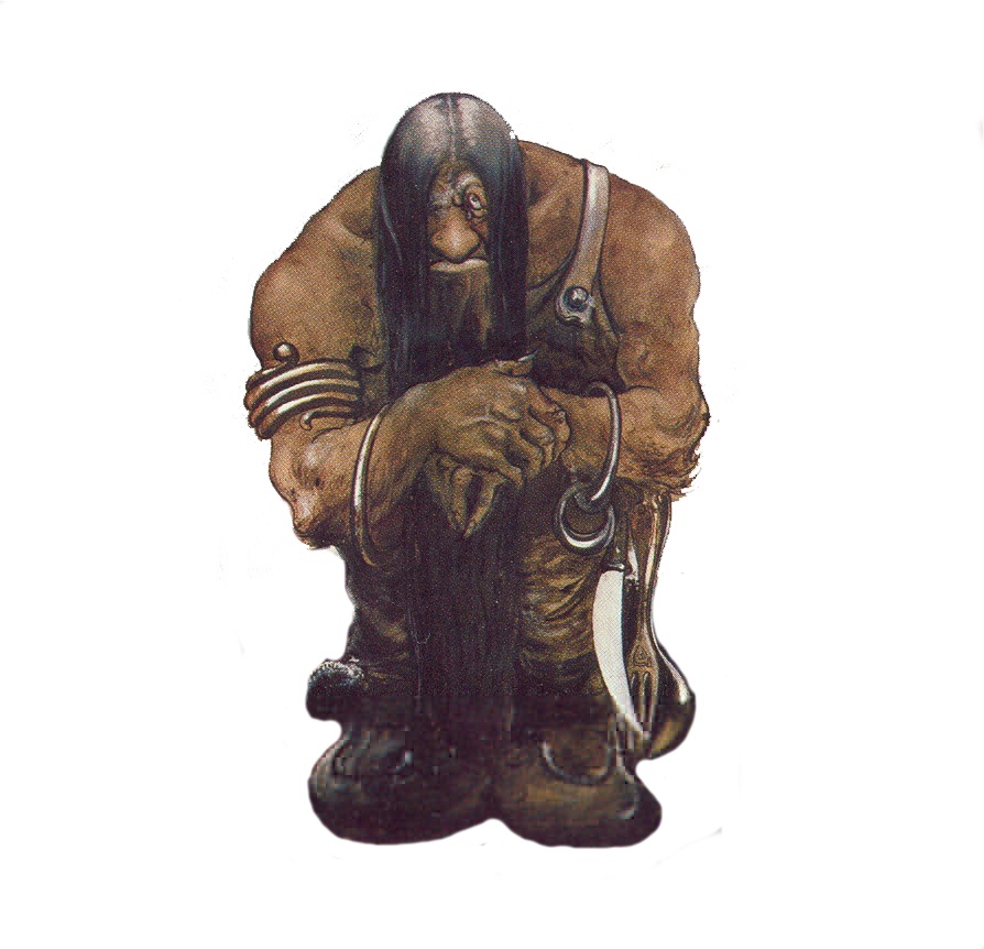 A large troll stands with his hands together, gazing back towards the viewer.