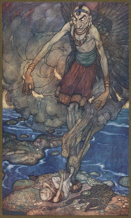 A large figure stands over a girl on a rock floating in the middle of a body of water.
