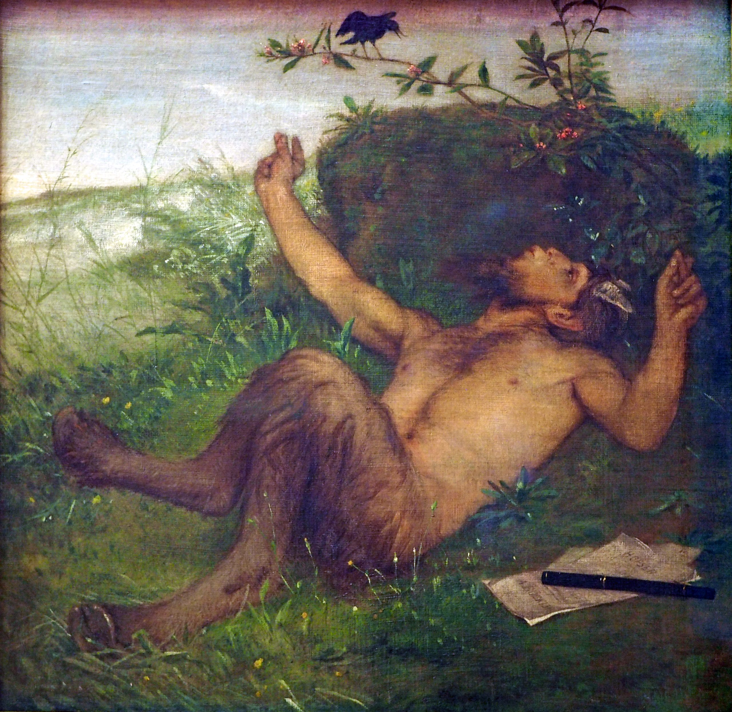 A centaur leans on the grass next to a notepad and pen while singing to a black bird above him.