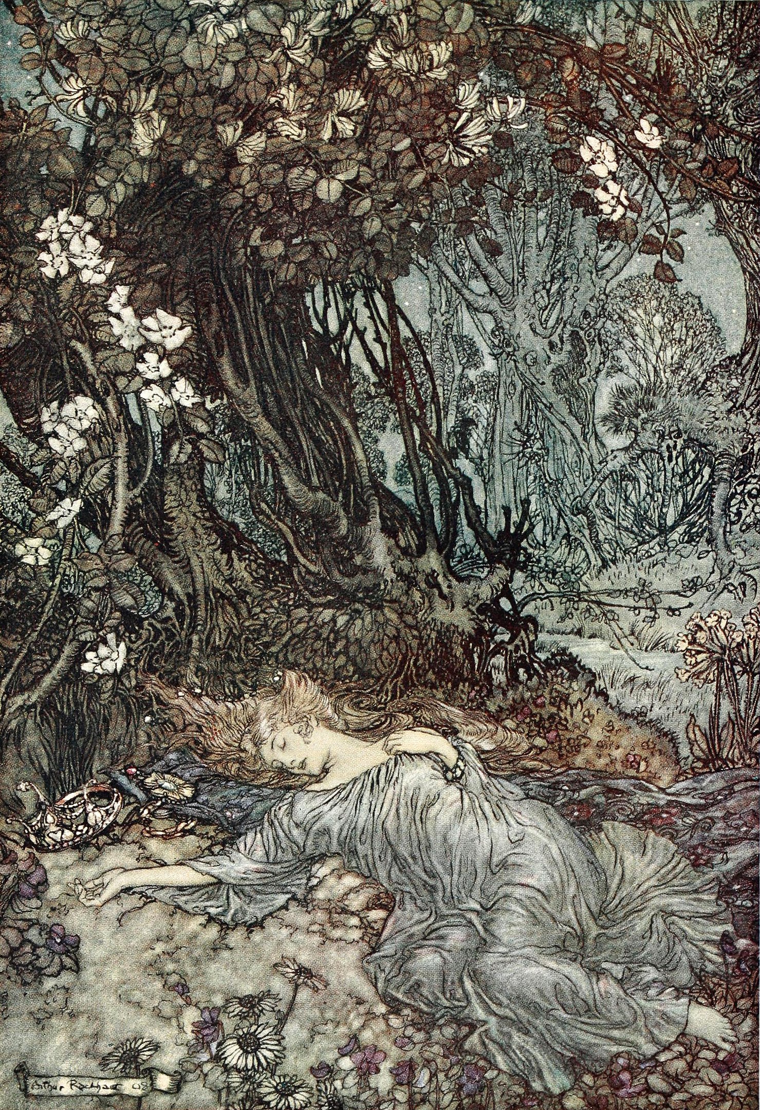 A woman lies asleep on the ground of a forest surrounded by flowers and trees.