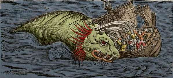 A large sea monster emerges from the water and collapses a travelling boat.