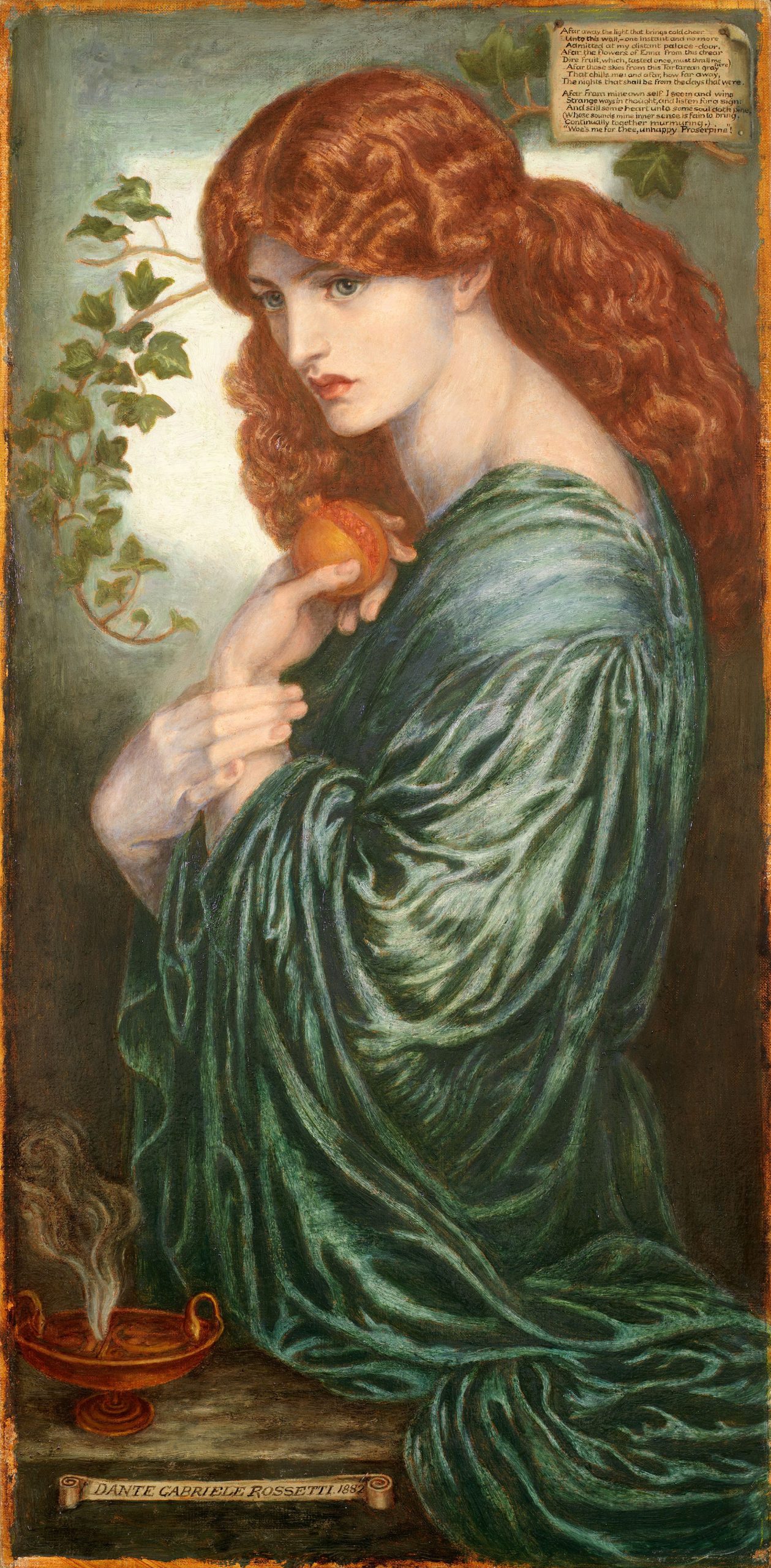 A woman holding a fruit close to her chest with vines in the background