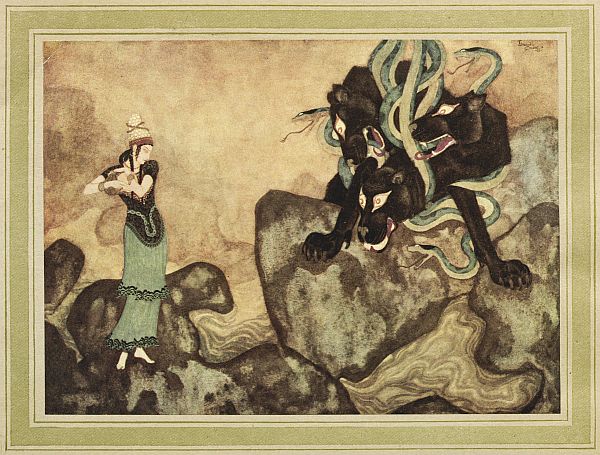 A three headed dog confronts a woman on a rocky hillside.