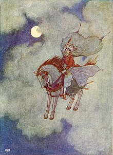A human figure is seen riding a winged horse in a cloudy moonlit sky.