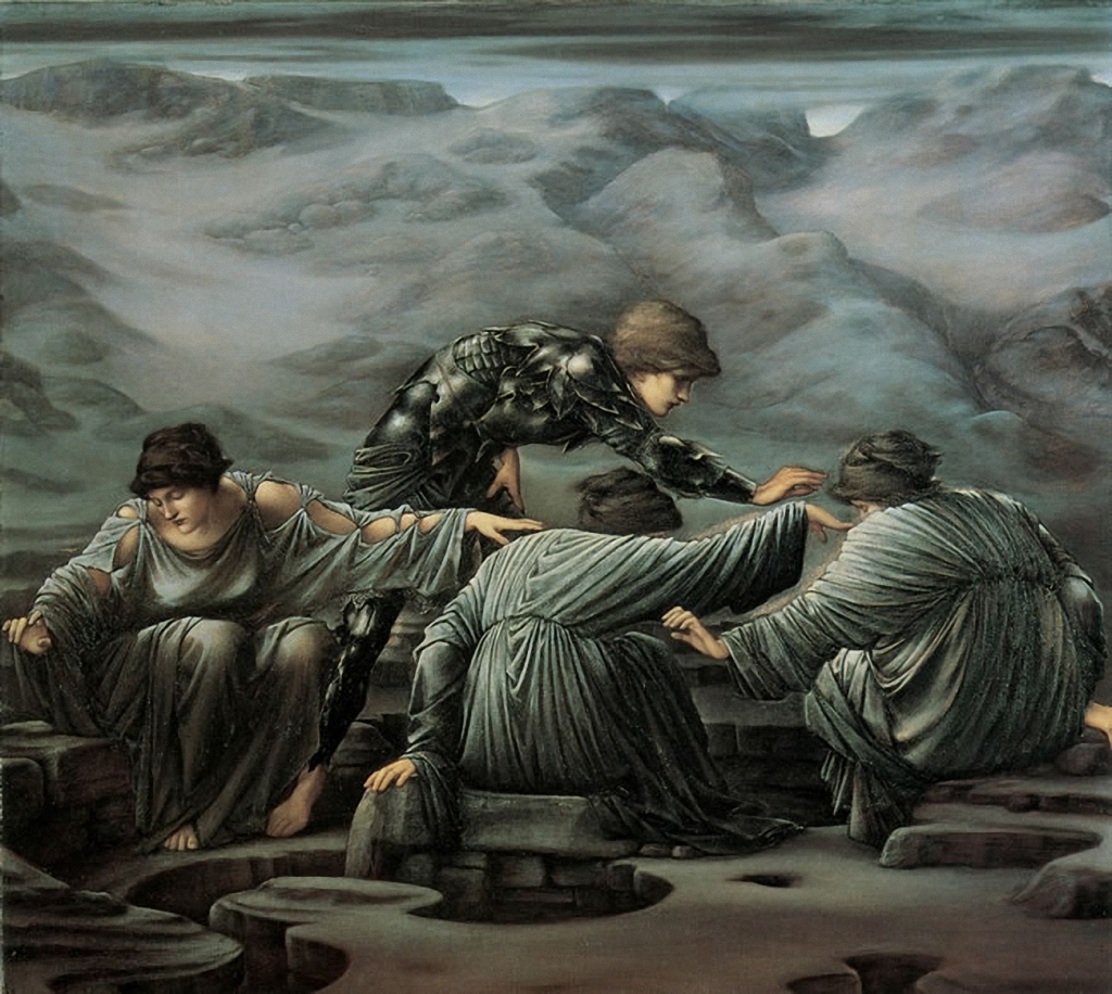 Four individuals dressed in robes rest along the side of a building with rolling grey skies and mountains in the distance.