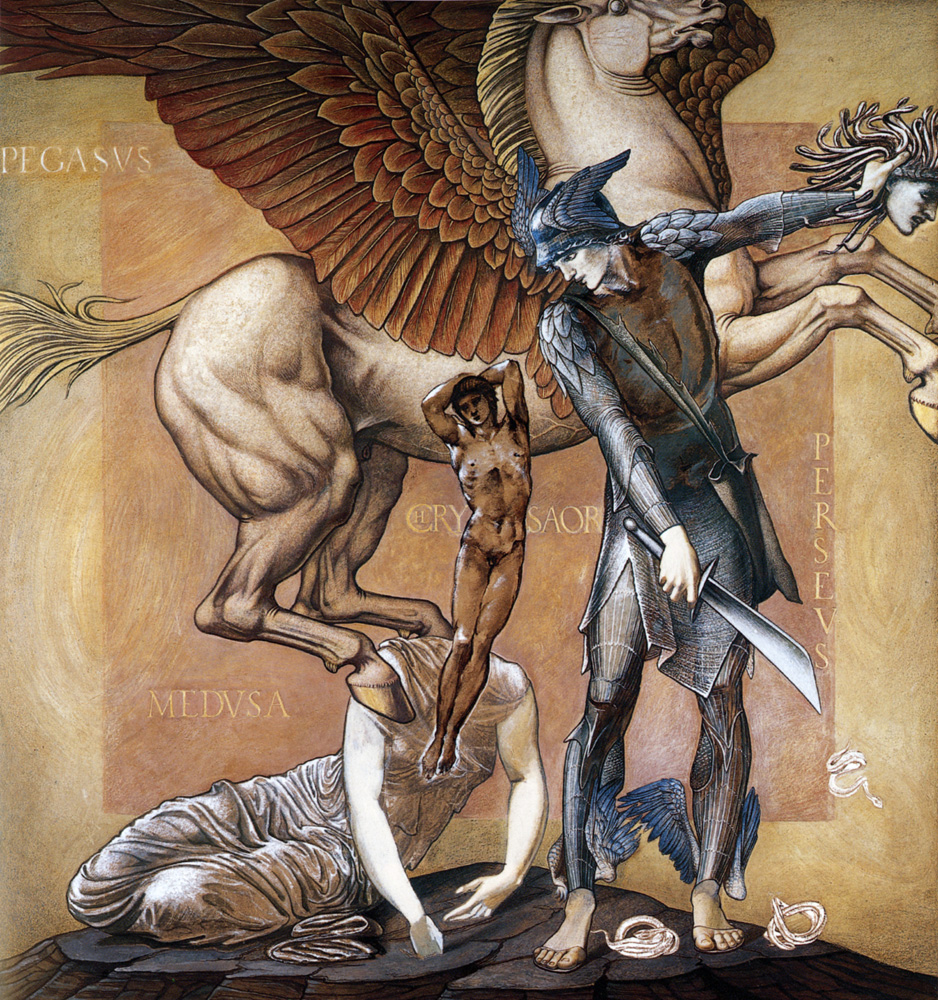 A man holding a sword looks downwards at the statue of a human while a horse with wings is seen in the background.