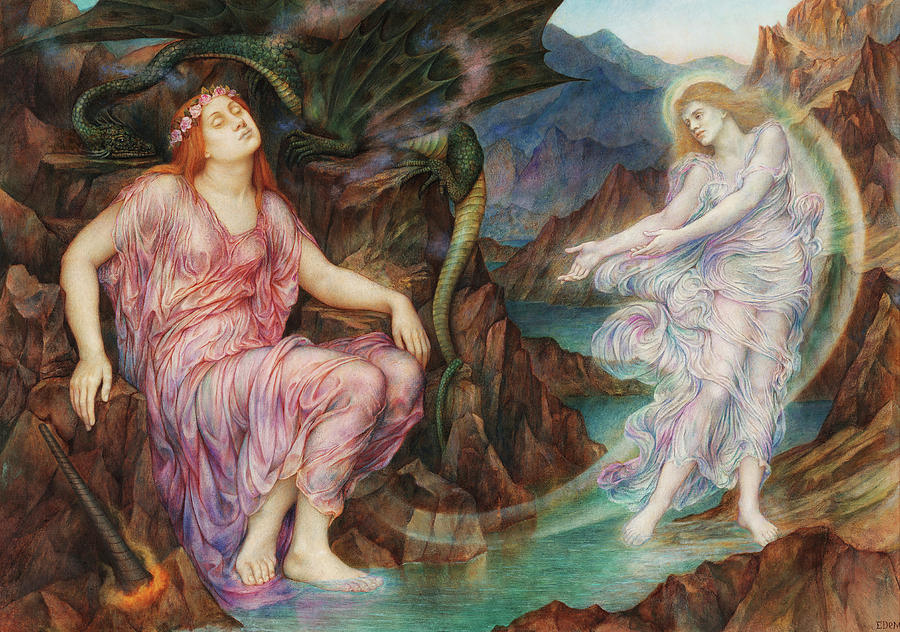 An angel with her arms stretched forwards turns to a woman who leans against a rock in the water.