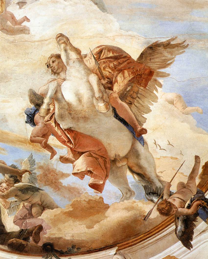 A man riding a winged horse travels upwards into the clouds.