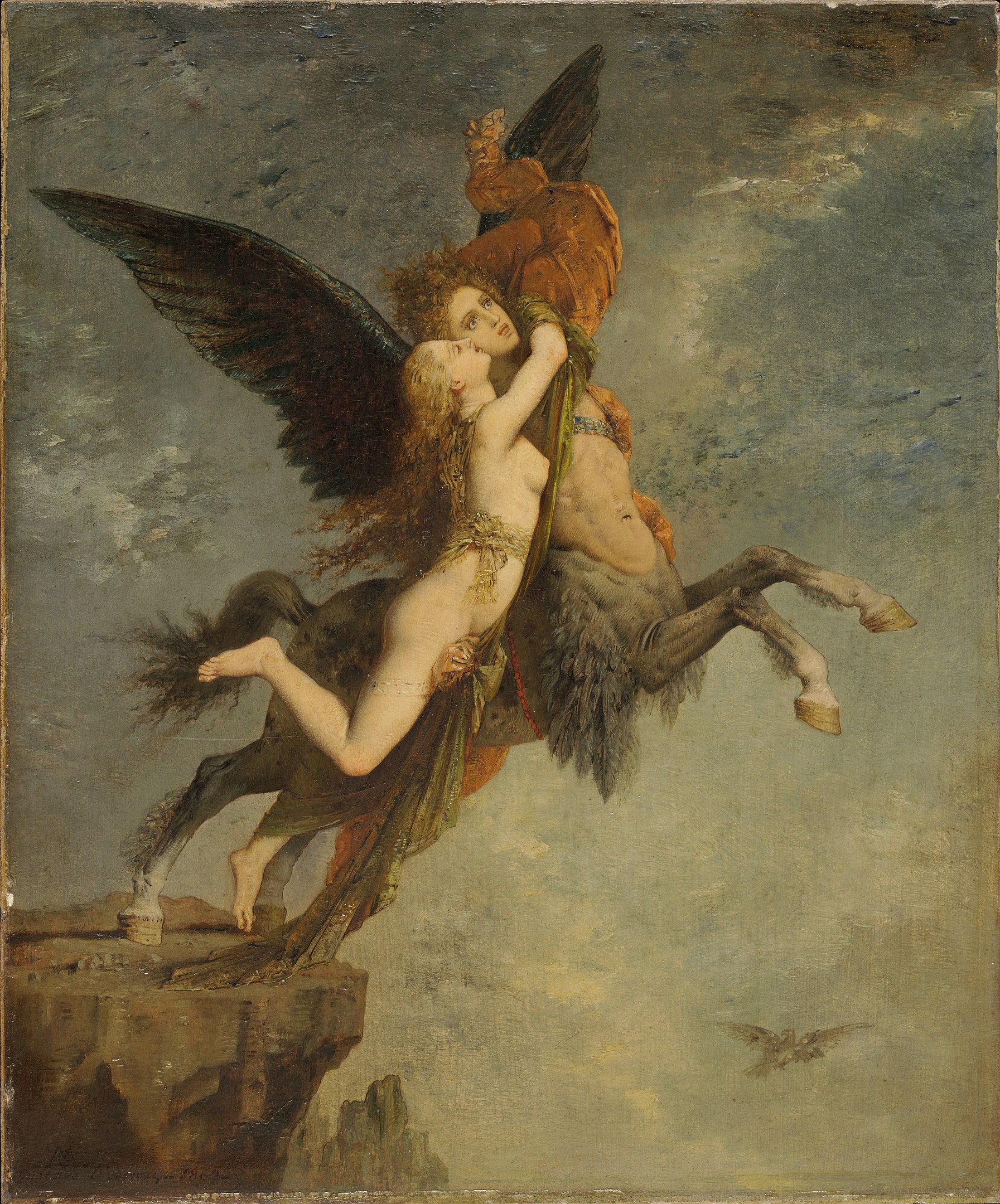 A woman holds on to a winged mythical creature who is half man, half horse as the creature begins to fly from the edge of a cliff.