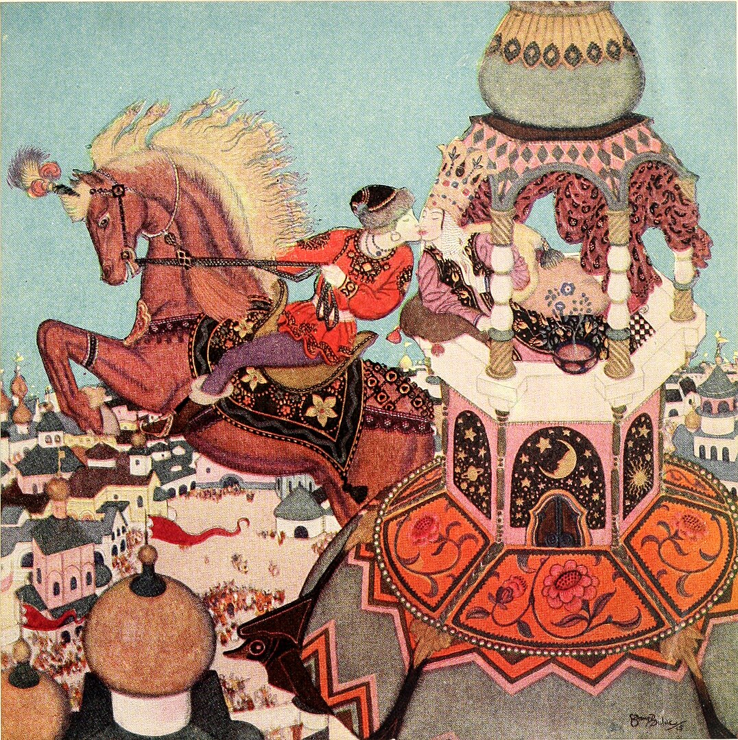 Two royal figures kiss through a palace window as one of the figures begins to fly away while riding a winged horse.