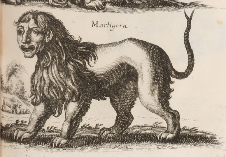 A detailed image of a manticore standing in a field.