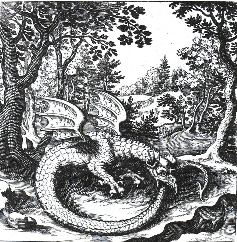 A winged dragon holds its tail in its mouth while standing in a forest.