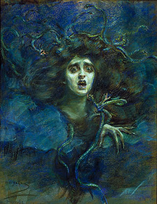 A portrait of Medusa gazes at the viewer.