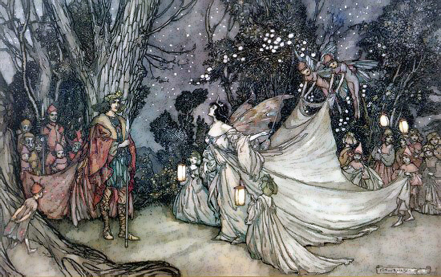 A king greets a queen in a forest of trees and fairies.