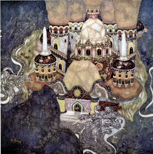 A view looks downwards over the tops of glowing palaces.