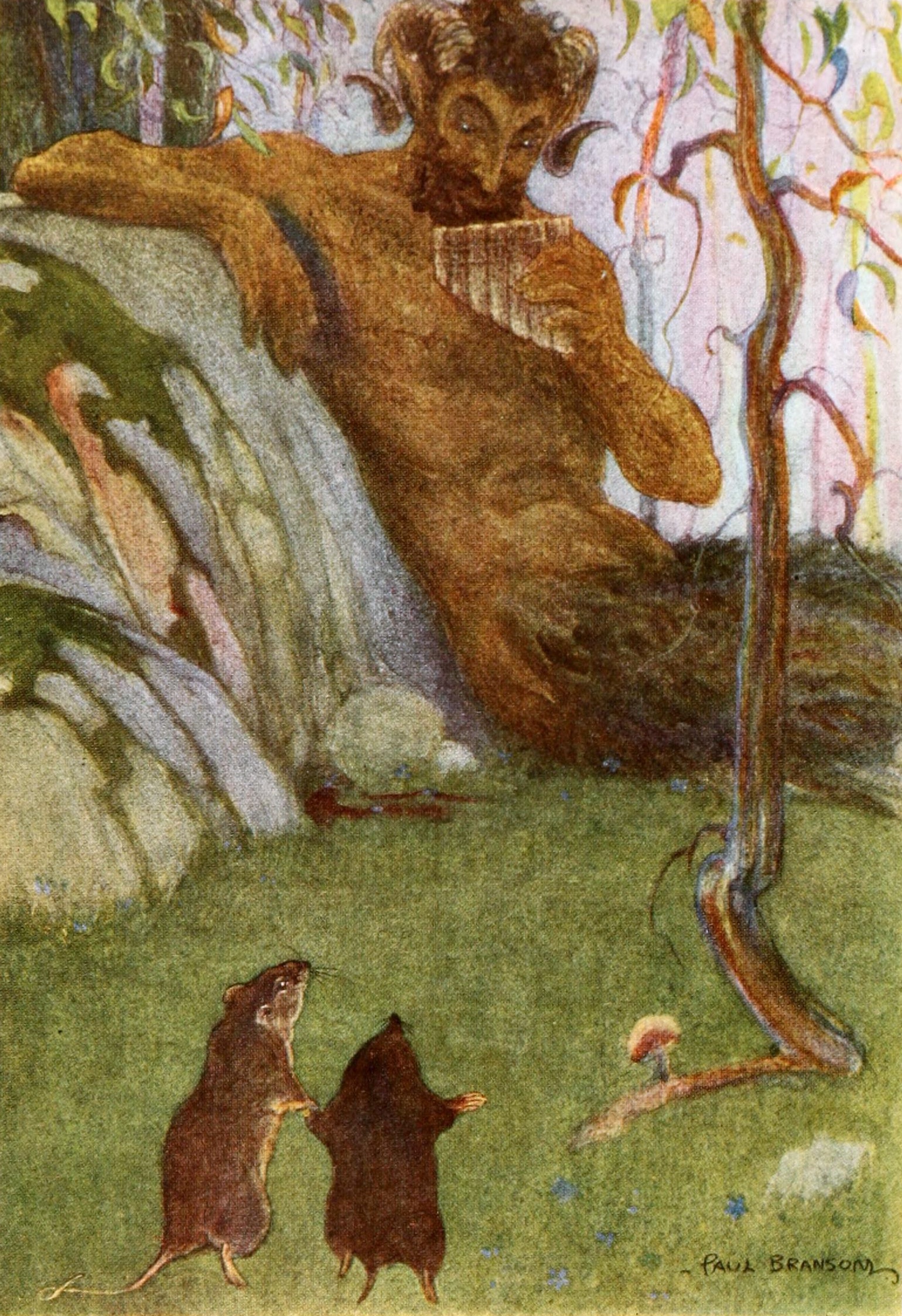 A centaur sits in a forest and plays a wind instrument while two mice watch.
