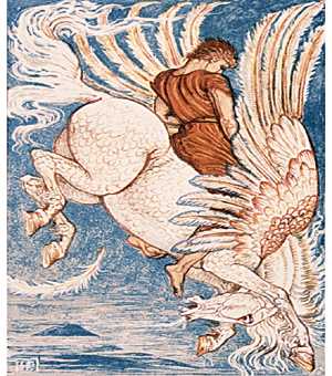 A barefoot man rides a horse with wings through the sky.