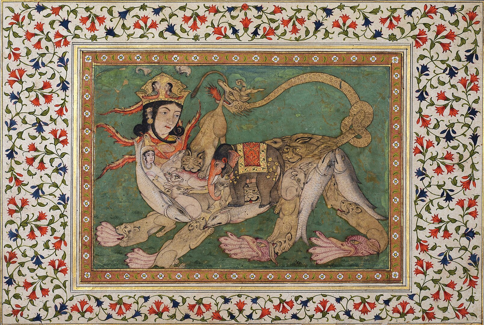 Framed with floral patterns, an image details the body of a sphinx with a messenger.