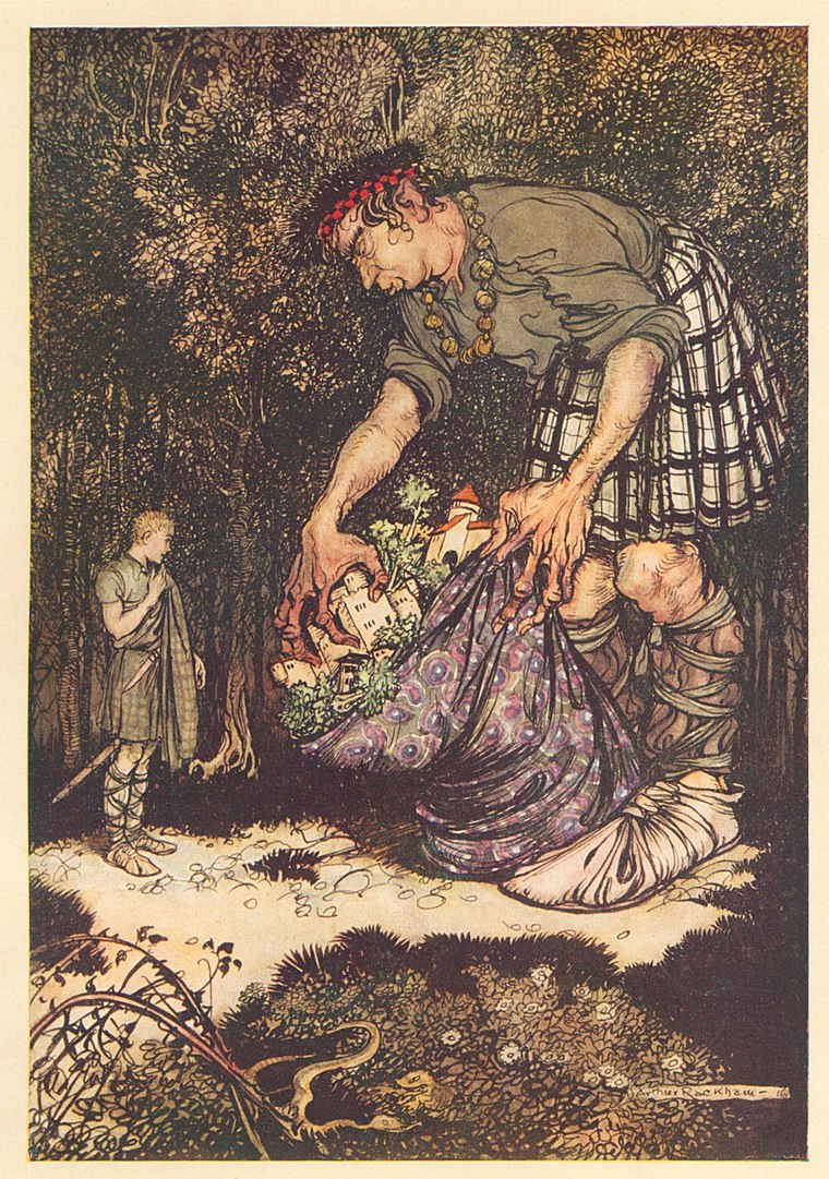 A giant carrying a large sack full of a garden leans down next to a passerby in the forest.