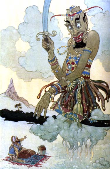 A giant in the clouds holding a sword holds his hand down to a man who sits in a landscape of mountains.