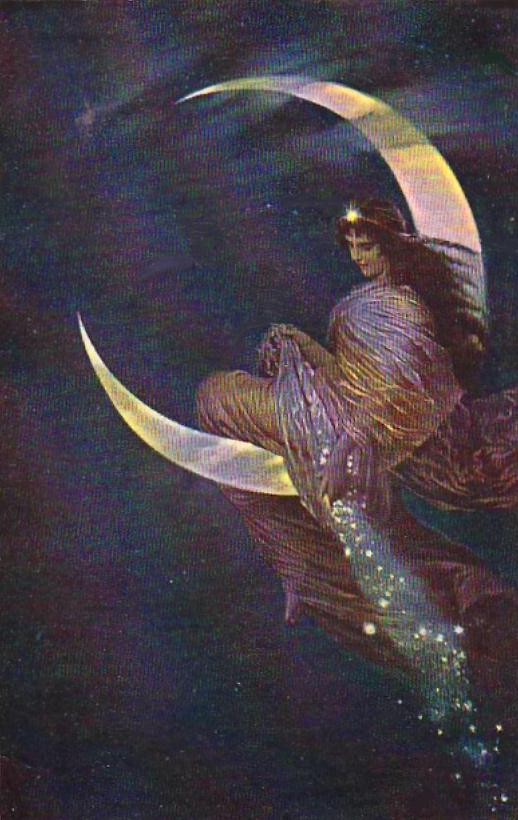 A fairy sits on a crescent moon in the night sky.