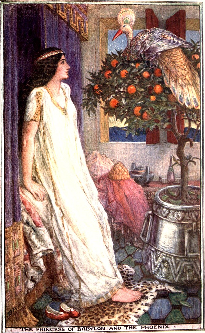A woman stands resting on the left wall of a room while she stares upwards at a phoenix bird.