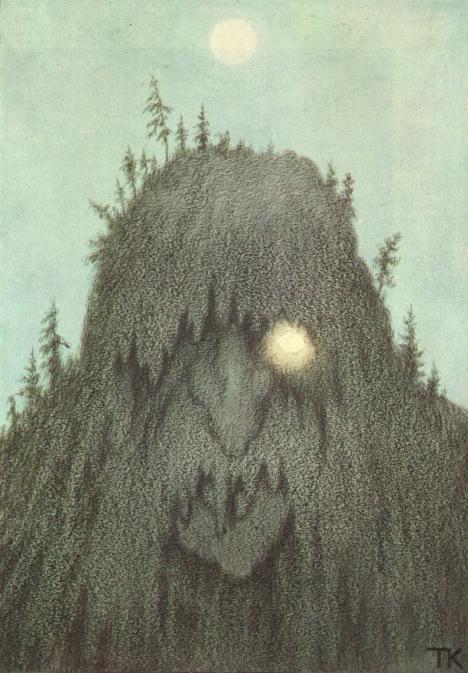 The image of a forest troll is created through a collage of trees.