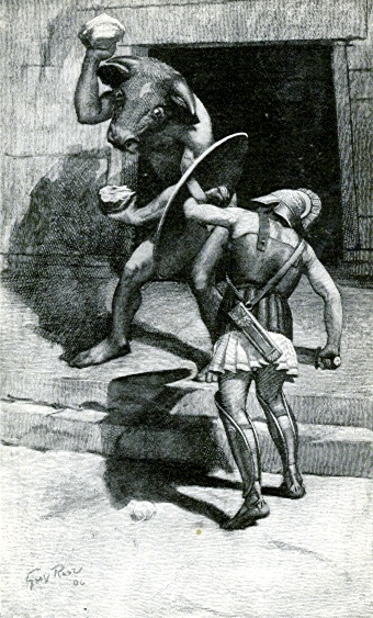 A man with a shield and weapons confronts a minotaur near a door way.