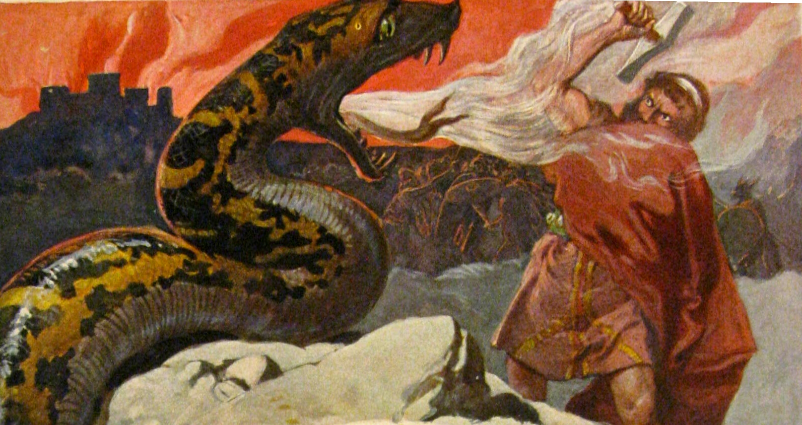 A vicious and fiery snake confronts a man who attacks the snake with defence.