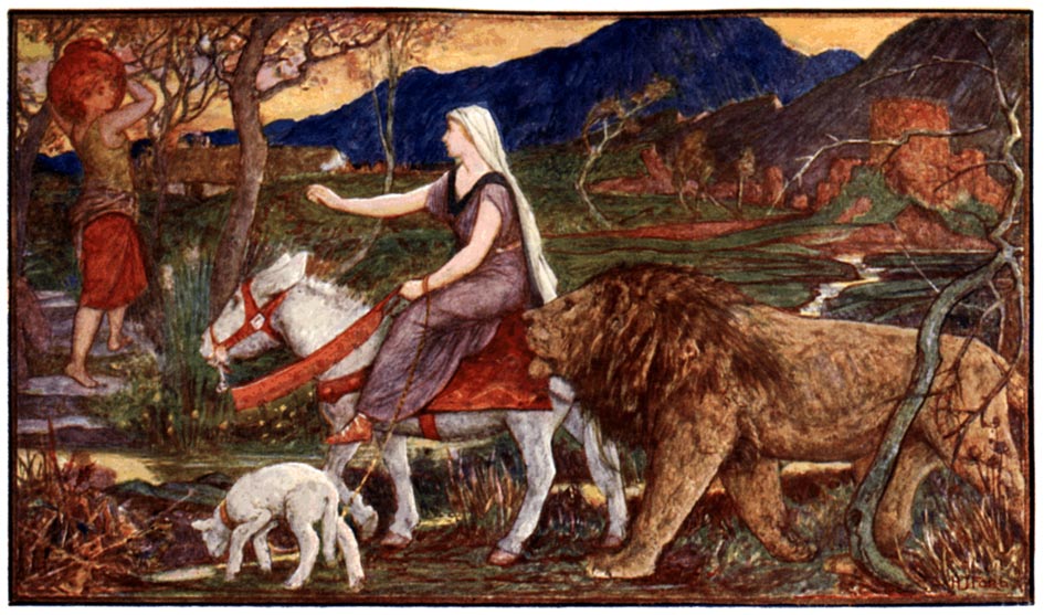 A woman rides a horse next to a lion and a lamb and travels towards a boy standing amongst trees.
